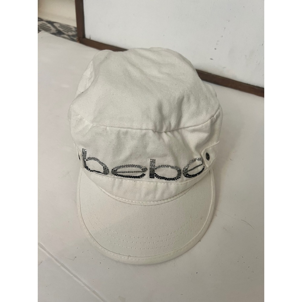 Bebe White Rhinestone Logo Military Cadet Hat One Size Y2K